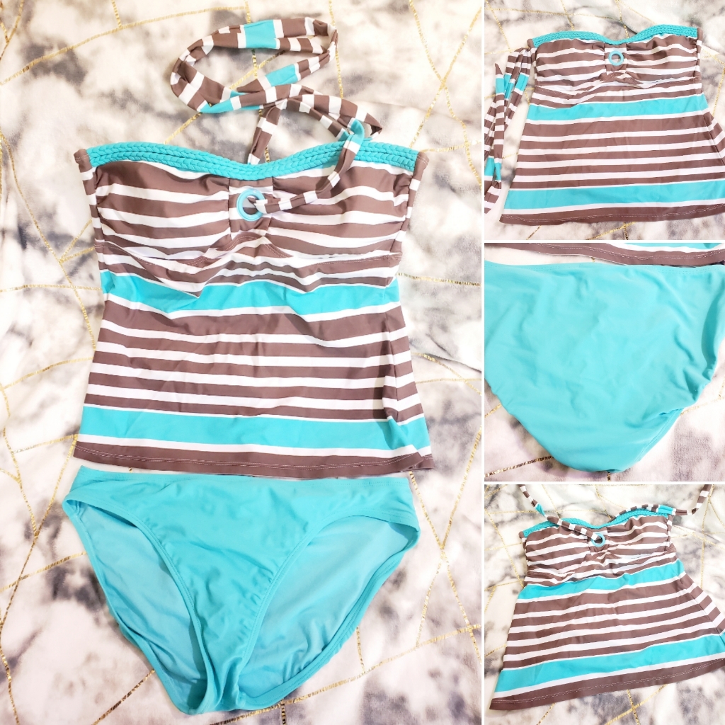 Teal Gray White Striped Tankini Size 10
